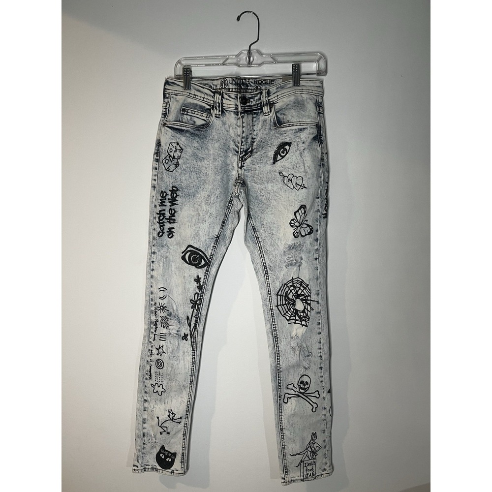 Rogue By Ninth Hall Jeans Mens Sz. 30 Distressed Art Tattoo Graffiti Goth NWT‎